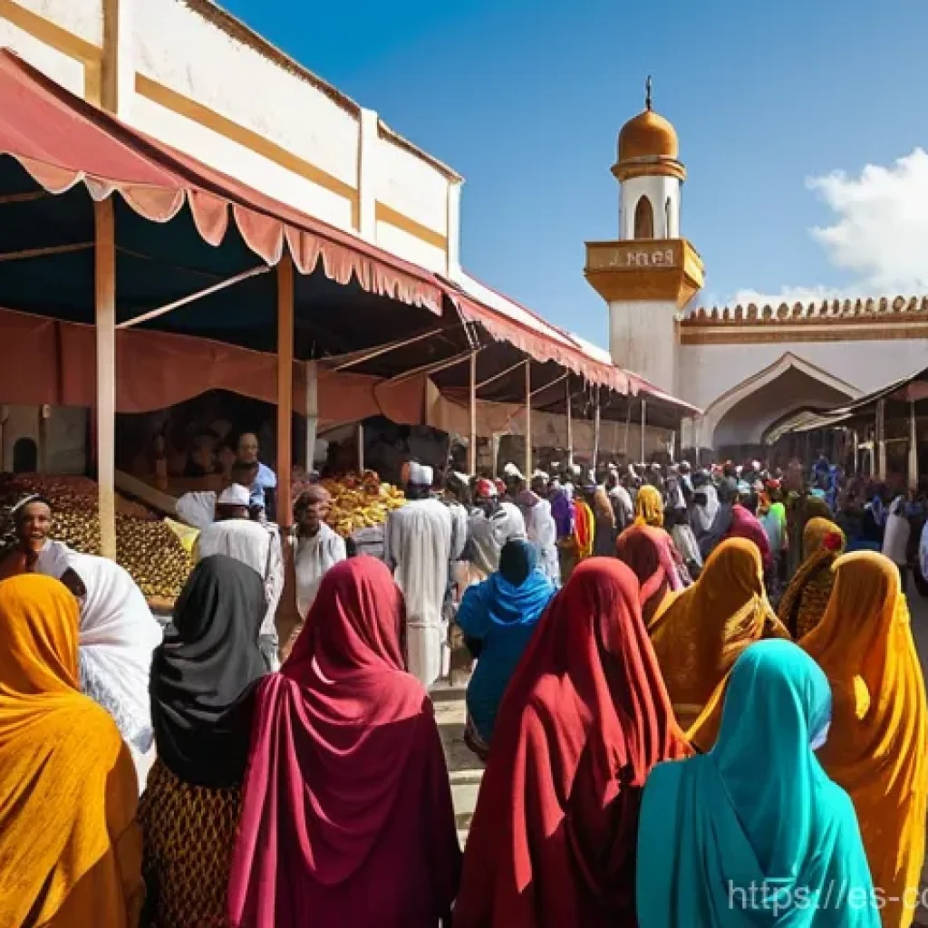 코모로 여행 시 주의할 점 - **Vibrant Moroni Market Scene:** A bustling outdoor market in Moroni, Comoros, filled with local ven...