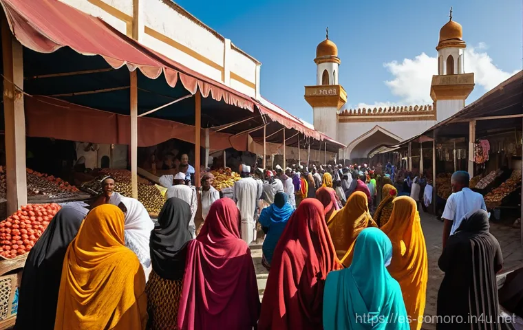 코모로 여행 시 주의할 점 - **Vibrant Moroni Market Scene:** A bustling outdoor market in Moroni, Comoros, filled with local ven...