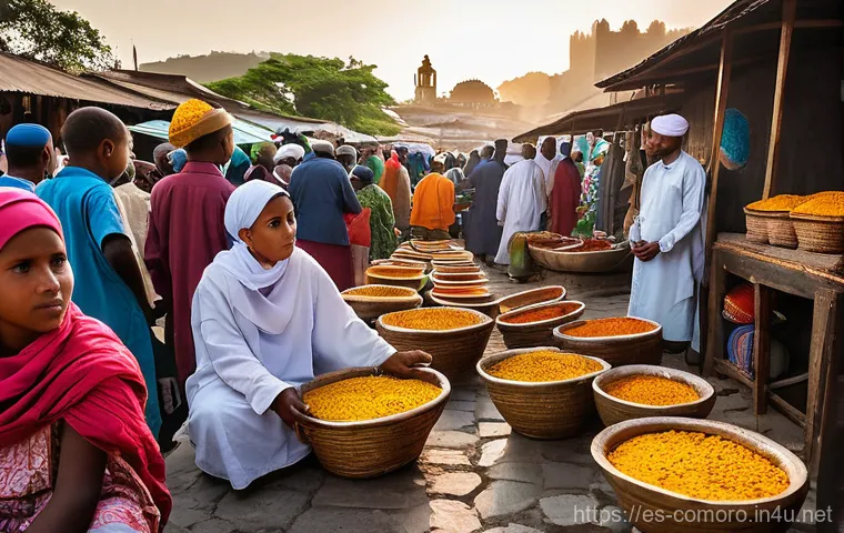 코모로 종교 갈등 사례 - Prompt 1: Bustling Comoran Market with Grand Mosque and Quranic Study** 코모로 종교 갈등 사례 - Prompt 1: Bustling Comoran Market with Grand Mosque and Quranic Study**