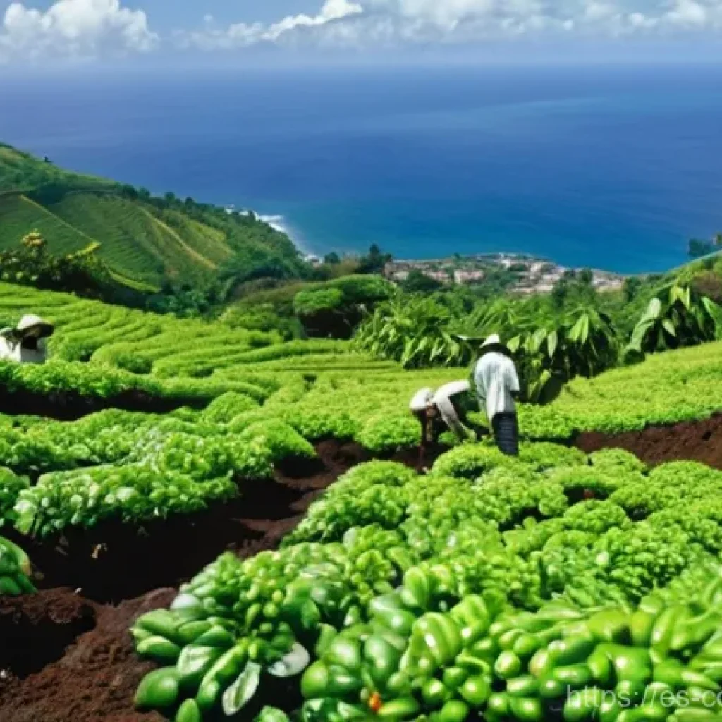코모로 커피와 카카오 산업 - **Prompt:** A vibrant, sun-drenched scene showcasing the rich volcanic landscape of the Comoros isla...