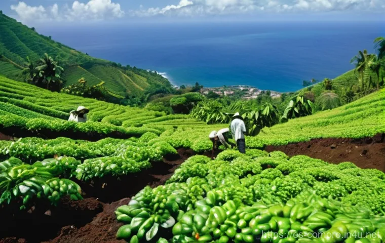 코모로 커피와 카카오 산업 - **Prompt:** A vibrant, sun-drenched scene showcasing the rich volcanic landscape of the Comoros isla...