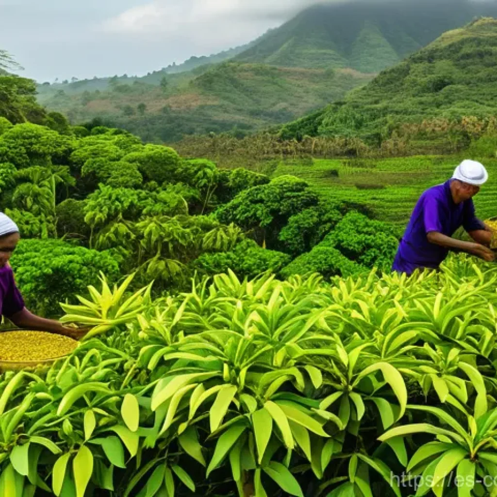 코모로 천연자원 현황 - **Prompt:** A vibrant, sun-drenched scene in the Comoros Islands, depicting local farmers carefully ...