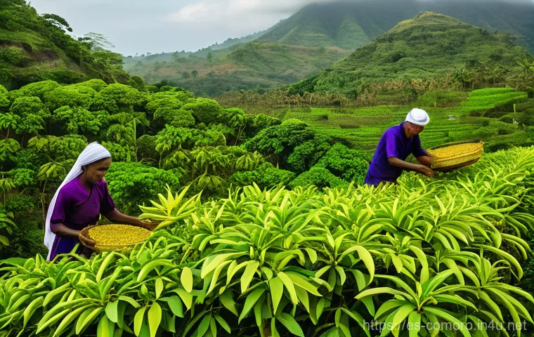 코모로 천연자원 현황 - **Prompt:** A vibrant, sun-drenched scene in the Comoros Islands, depicting local farmers carefully ...