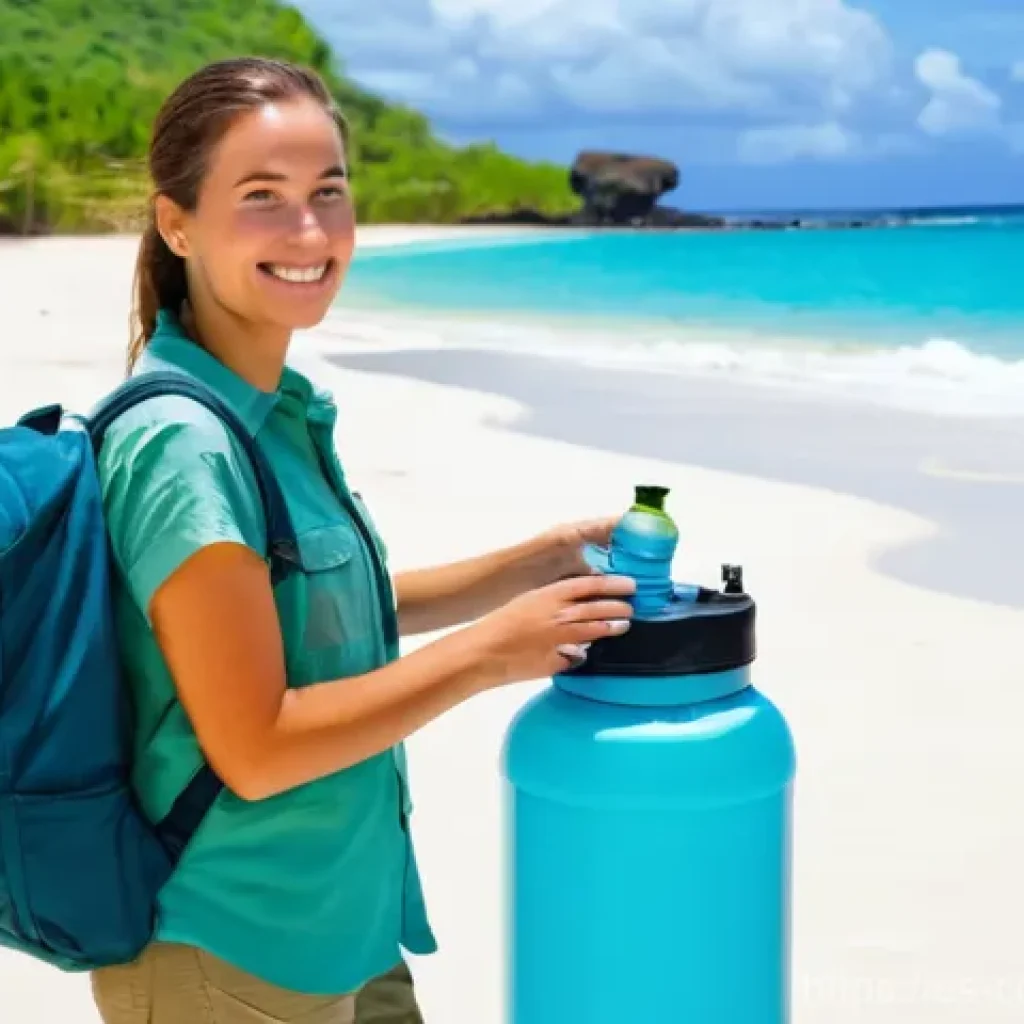 코모로 식수 안전성 - **Prompt:** A female traveler, mid-20s, wearing light, breathable safari-style clothing (khaki shirt...