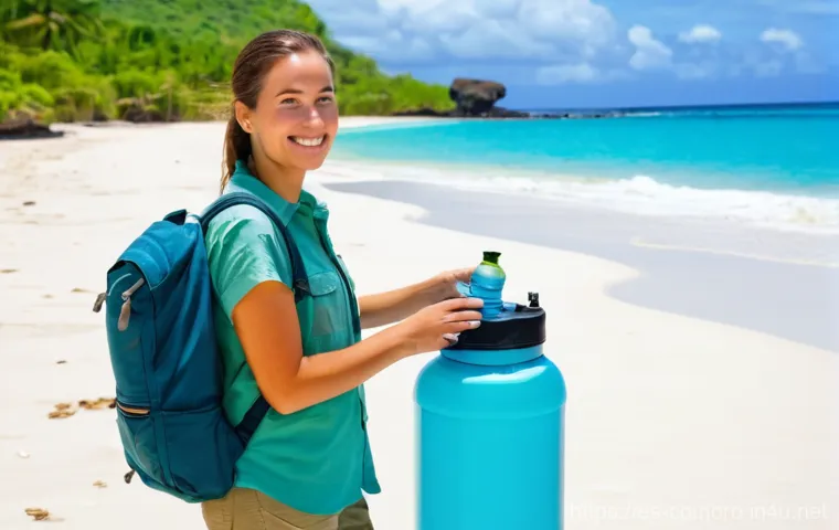 코모로 식수 안전성 - **Prompt:** A female traveler, mid-20s, wearing light, breathable safari-style clothing (khaki shirt...