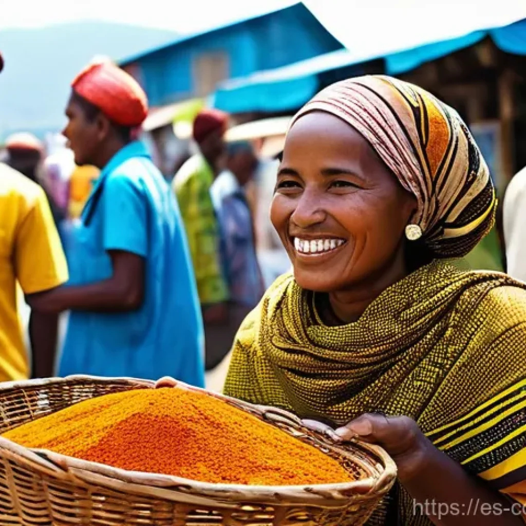 코모로 스와힐리어 기본 표현 - **Prompt 1: Bustling Comorian Market Interaction**
"A vibrant, bustling market scene in the Como...