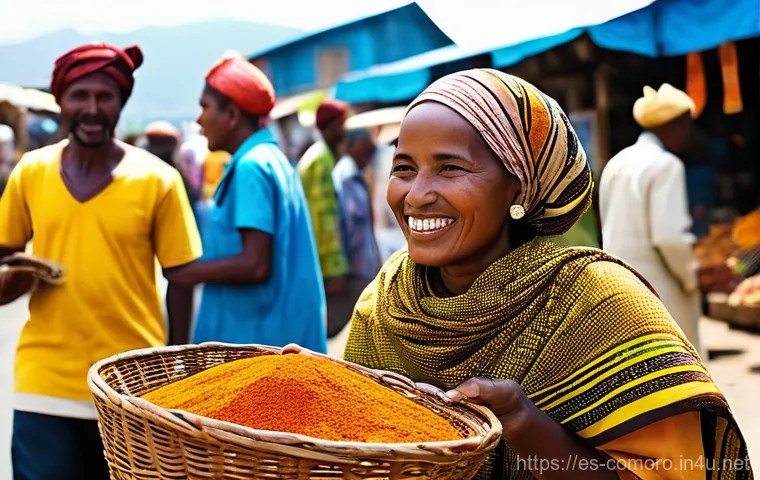 코모로 스와힐리어 기본 표현 - **Prompt 1: Bustling Comorian Market Interaction**
    "A vibrant, bustling market scene in the Como...