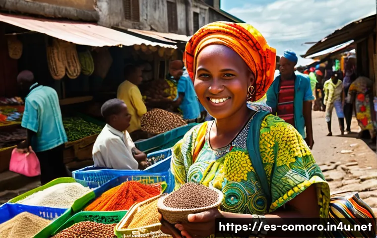 코모로 현지 통화와 환전 방법 - **Prompt:** A bustling, vibrant outdoor market scene in Moroni, Comoros, specifically the Volo Volo ...