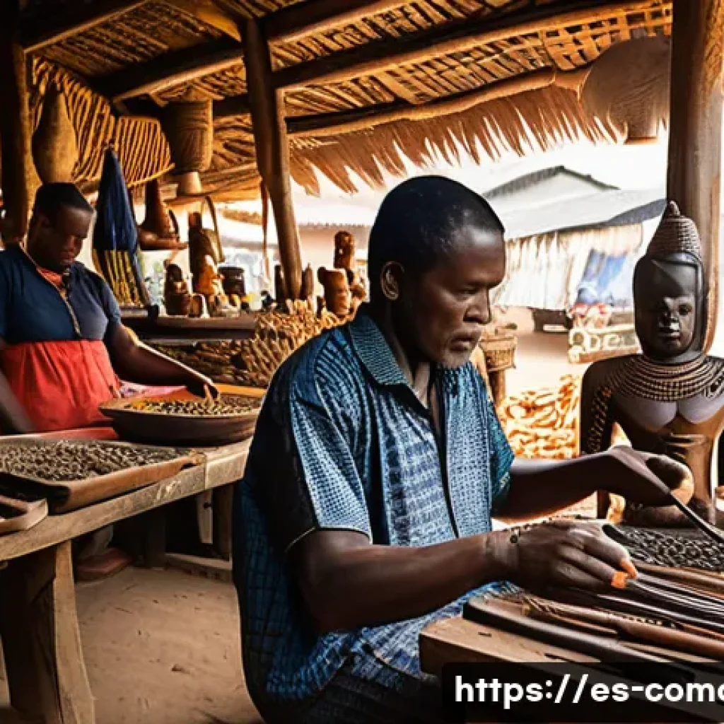 코모로 기념품 쇼핑 가이드 - A vibrant Comorian market scene showcasing a skilled artisan carving intricate traditional motifs in...