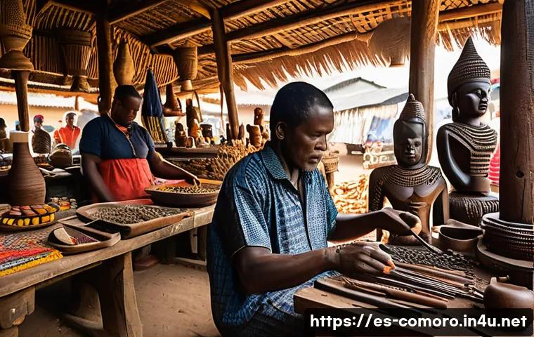 코모로 기념품 쇼핑 가이드 - A vibrant Comorian market scene showcasing a skilled artisan carving intricate traditional motifs in...