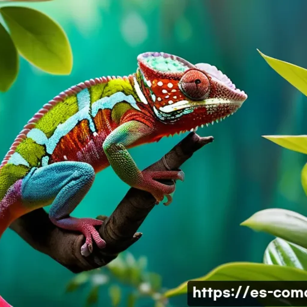 코모로 생태관광 추천지 - A vibrant scene of Comoran biodiversity featuring a colorful panther chameleon perched on a lush tro...