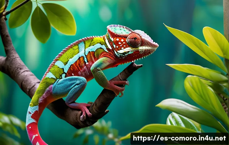 코모로 생태관광 추천지 - A vibrant scene of Comoran biodiversity featuring a colorful panther chameleon perched on a lush tro...