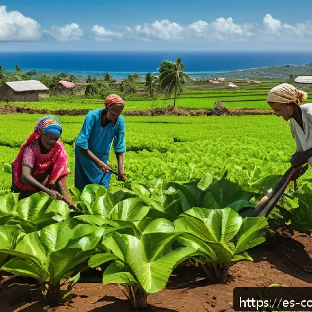 코모로 국제 원조 사례 - A vibrant scene depicting a small Comorian island community engaged in sustainable agriculture, feat...