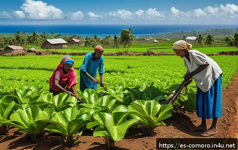 코모로 국제 원조 사례 - A vibrant scene depicting a small Comorian island community engaged in sustainable agriculture, feat...