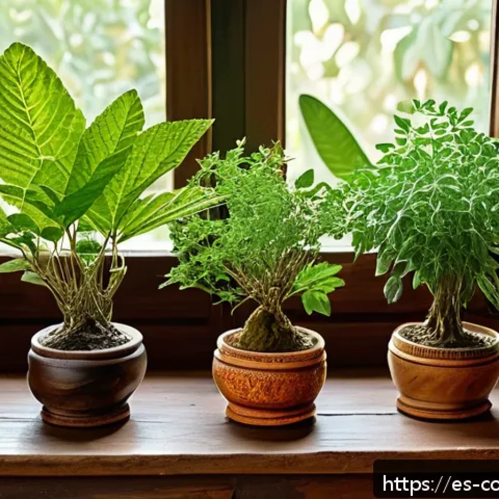 코모로 전통 약초와 사용법 - A vibrant, detailed still life of traditional Comoran medicinal plants arranged on a rustic wooden t...