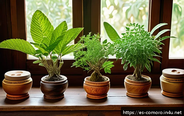 코모로 전통 약초와 사용법 - A vibrant, detailed still life of traditional Comoran medicinal plants arranged on a rustic wooden t...