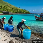 Home 18 코모로 해양 쓰레기 문제 - A vibrant coastal cleanup scene in Comoros featuring diverse local fishermen and enthusiastic young ...