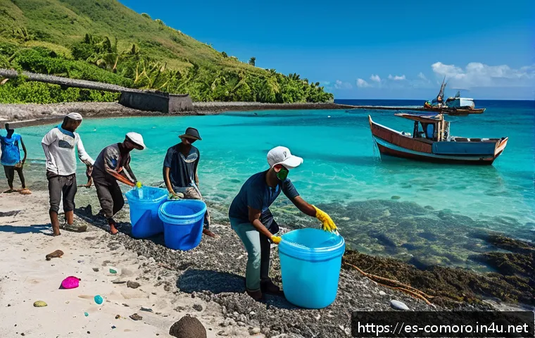코모로 해양 쓰레기 문제 - A vibrant coastal cleanup scene in Comoros featuring diverse local fishermen and enthusiastic young ...