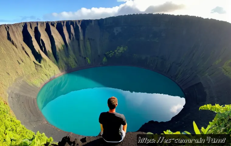 코모로 여행 사진 촬영 명소 - Photorealistic sunrise at Lac Sale, Grande Comore, a dramatic turquoise volcanic crater lake framed ...