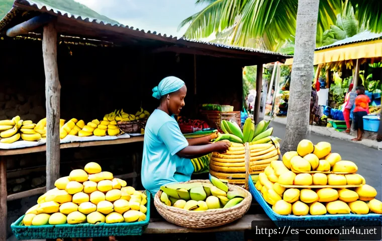 코모로 현지 시장 투어 - Photorealistic morning tour of a vibrant open-air market in Moroni, Comoros, friendly local vendor i...
