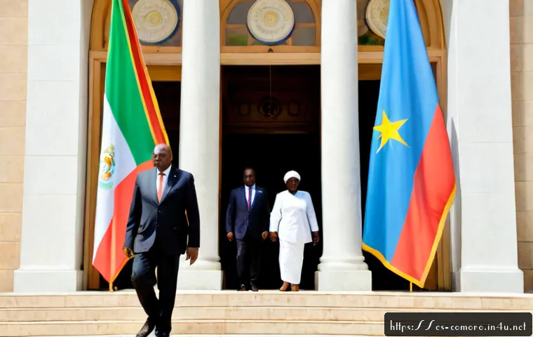 코모로 유엔 가입 과정 - Photorealistic diplomatic scene outside a grand international assembly building, a diverse Comorian ...