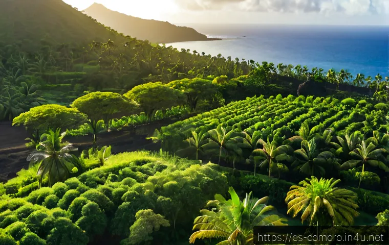코모로 주요 농산물 생산지 - Photorealistic aerial view of a fertile Comoros island agricultural landscape, orderly ylang-ylang t...